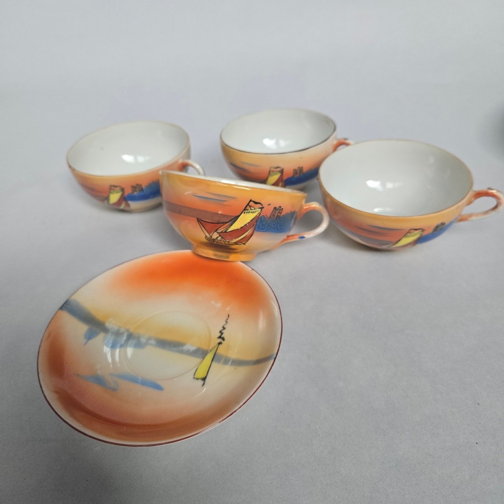 Vintage Japanese Eggshell Porcelain Tea Set OS Orange Good Lusterware Nautical